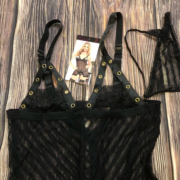 NWT Seven ‘til Midnight Shadow stripe & lace Chemise Grommet detail Lace up Sz L - Picture 6 of 12